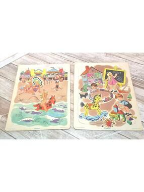 Pair of Vintage Playskool Tray Puzzles School 12pcs/Beach 18pcs Golden Press